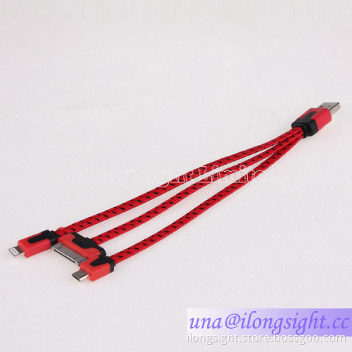 3 in 1 flat nylon Lightning Sync usb Charger cable for iphone and samsung